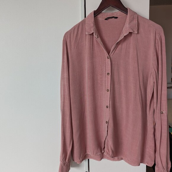 Stradivarius, Linen-like Blush Pink Roll-up Sleeve Blouse, Size L - Picture 2 of 14